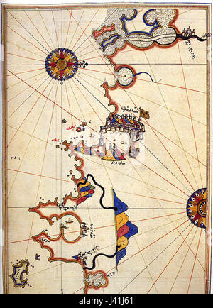 Piri Reis, il famoso ammiraglio e cartografo ottomano, creò una mappa di Marsiglia, mostrando la costa e il porto della città. La mappa, parte del suo più ampio lavoro sulla geografia mondiale, offre una panoramica delle rotte marittime e delle città del Mediterraneo del XVI secolo. Foto Stock