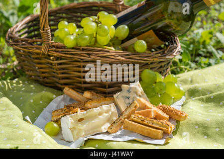 Cesto picnic con vino, formaggio e Uva su un'erba Foto Stock
