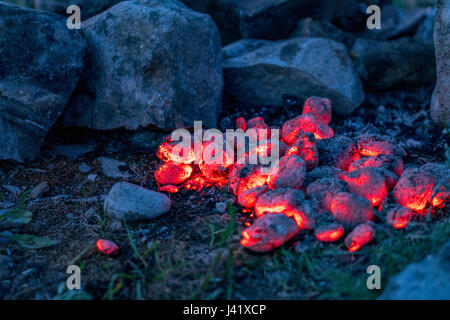 Griglia Per Il Barbecue Pit con incandescente e Flaming Hot bricchette di carbone Foto Stock