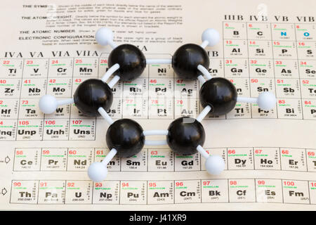 Sfera di plastica-e-stick modello di benzene (C6H6) con struttura kekule. Sullo sfondo della tabella periodica degli elementi. Foto Stock