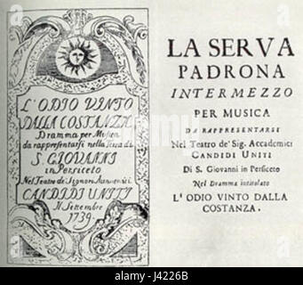 *La Serva Padrona* è un intermezzo comico di Giovanni Battista Pergolesi, eseguito per la prima volta nel 1733. Si tratta di un'opera comica che esplora temi di ruoli di servitori e padroni, ampiamente considerata un primo esempio di opera buffa. Foto Stock