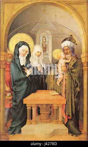 Il dipinto "Lochner Presentation au Temple" raffigura una significativa scena biblica, la presentazione di Gesù al Tempio. È stato creato dall'artista tedesco Stefan Lochner durante il XV secolo ed è un notevole esempio di arte religiosa gotica. Foto Stock