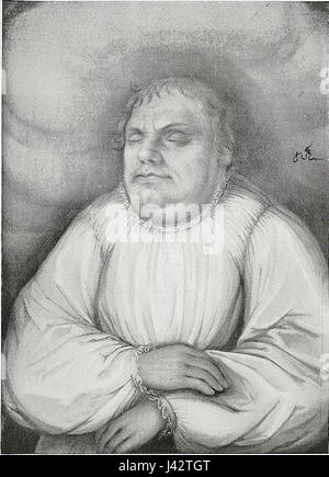 Luther auf dem Totenbett Berlin II raffigura un ritratto di Martin Lutero, la figura chiave della riforma protestante, sul suo letto di morte. L'opera mette in evidenza il suo ruolo nella storia religiosa e il suo impatto duraturo sul cristianesimo. Foto Stock