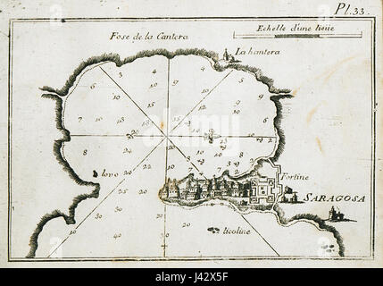 Questa mappa, creata da Roux Joseph nel 1804, mostra la baia e il porto di Siracusa, Italia. Include una vista dettagliata della città durante quel periodo di tempo. Foto Stock