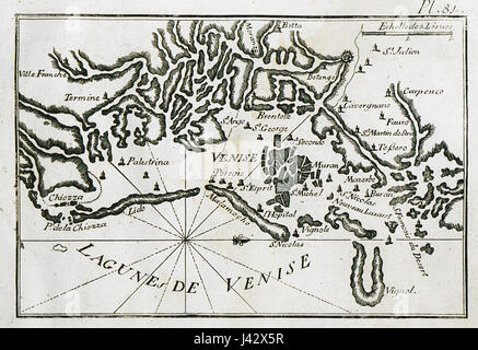 Questa mappa creata da Joseph Roux nel 1804 mostra la laguna di Venezia, con i dettagli dei suoi sistemi di vie navigabili e delle caratteristiche geografiche uniche, come apparvero all'inizio del XIX secolo. Foto Stock