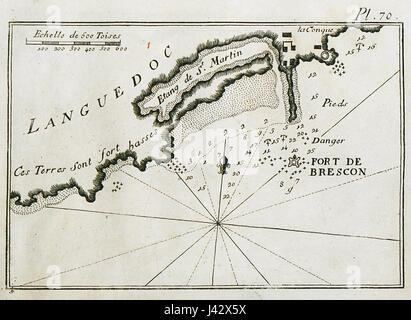 Questa mappa del 1804 di Joseph Roux raffigura il porto di Agde, situato nel sud della Francia. La mappa illustra la struttura del porto, le infrastrutture e il suo ruolo nelle attività marittime della regione durante l'inizio del XIX secolo. Foto Stock