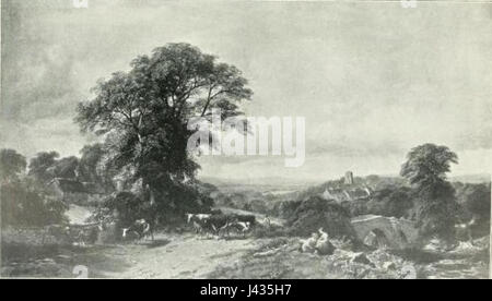 Un tranquillo paesaggio che raffigura il bestiame pascolato tra gli alberi, mostrando l'armonia della vita rurale e del paesaggio naturale. L'opera sottolinea la bellezza pastorale e la vita agricola. Foto Stock