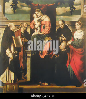 Madonna in trono col Bambino tra i Santi Domenico, Giuseppe, Vincenzo Ferrer, Lucia e onu committente Foto Stock