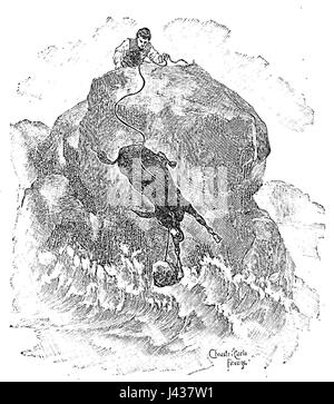 Questa pagina tratta dal classico italiano "le avventure di Pinocchio" di Carlo Collodi fa parte della famosa storia del burattino di legno che si sforza di diventare un vero ragazzo. La pagina evidenzia un momento chiave del viaggio di Pinocchio. Foto Stock