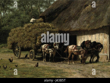 *Lossen van de hooiwagen* è un'opera di Willem Carel Nakken, un artista olandese. Questo dipinto raffigura un carro da fieno scaricato, che illustra la vita rurale e l'agricoltura del XIX secolo nei Paesi Bassi. Foto Stock