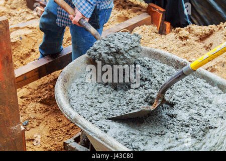 Lavoratore la colata di cemento al cassero di formatura in sito in costruzione Foto Stock
