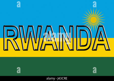 Illustrazione della bandiera nazionale del Rwanda con il paese scritta sulla bandiera. Foto Stock