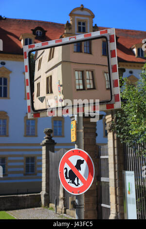 Segno per il cane la siccità nella zona franca nel centro barocco della città, città di Ellingen, Media Franconia, Mittelfranken, Baviera, Germania Foto Stock