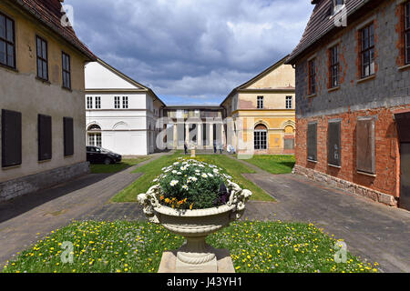 Eisenach, Germania. 9 maggio 2017. I fiori sbocciano i fiori nella parte anteriore del castello Wilhelmsthal vicino a Eisenach, Germania, 9 maggio 2017. Il 'Stiftung Thueringer Schloesser und Gaerten' (lit. 'Fondazione Turingia Castelli e giardini') celebra la settimana dell'apertura di stagione con un cerimoniale di agire presso il castello e parco Wilhelmsthal come evidenziare. La manifestazione fa parte del Luther Giubileo 2017. Foto: Martin Schutt/dpa-Zentralbild/dpa/Alamy Live News Foto Stock