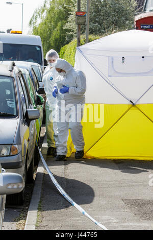 Chippenham, Regno Unito. Il 10 maggio, 2017. La polizia forensic SOCO ufficiali sono illustrati esaminando la scena su London Road dove 38 anno vecchio Russell Nixon è stato trovato con lesioni significative a 00.20 di mercoledì mattina. La polizia ha detto che il signor Nixon è stato dichiarato morto presso la scena e che un 22-anno-vecchio uomo di nome Matthew Chapman era stato arrestato per sospetto di omicidio. Credito: lynchpics/Alamy Live News Foto Stock