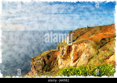 La pittura ad acquerello del motore case arroccate drammaticamente sul bordo della scogliera a Rinsey vicino Porthleven in Cornovaglia Foto Stock