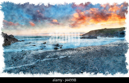 La pittura ad acquerello del tramonto sulla spiaggia di chiesa Cove vicino Gunwalloe sulla costa della Cornovaglia Foto Stock