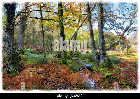 Un acquarello di Autunno in antichi boschi a Bolderwood nel nuovo Parco Nazionale della Foresta Foto Stock