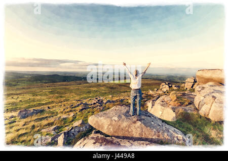 Un dipinto ad acquerello di una donna in piedi sulla cima di una collina con bracci outstreched e guardando a vista Foto Stock