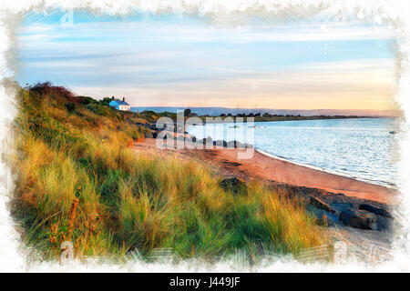 Un acquarello di spiaggia di Crow punto in Braunton Burrows vicino a Barnstaple sulla costa del Devon Foto Stock