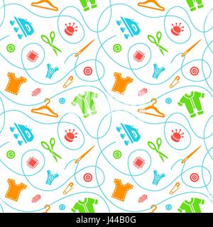 Vector seamless pattern con cucitura piatta strumenti le icone disseminate su sfondo bianco. Sarta forniture per il cucito e ricamo. Bambini fatti a mano cl Illustrazione Vettoriale