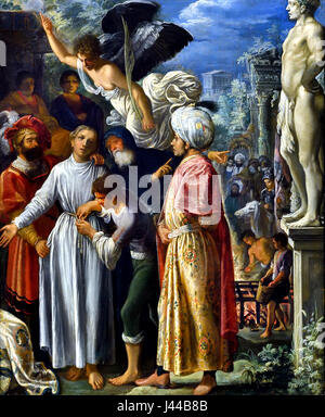 Saint Lawrence preparato per il martirio 1600-1 il Battesimo di Cristo 1599 Elsheimer Adam 1578 - 1610 il tedesco in Germania ( San Lorenzo fu martirizzato per aver rifiutato di rivelare ciò che si ritenevano essere i tesori della Chiesa. In questo lavoro, però, l'artista sembra implicare un rifiuto al culto di false divinità, mediante l'inclusione della statua o idolo sulla destra. Poiché Lorenzo fu martirizzato a Roma ) Foto Stock