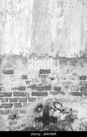 Rotto, vecchi e muro intonacato rivelando il vecchio muro di mattoni in bianco e nero. Foto Stock