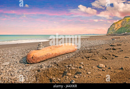 Un mucchio di pietre su un grande pezzo di driftwood lavato fino su una spiaggia in Nuova Zelanda. Foto Stock