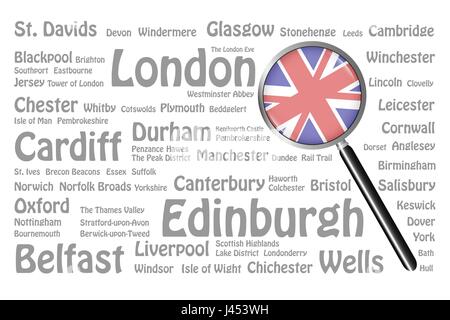 La lente di ingrandimento con la bandiera del Regno Unito è sul lato destro del vettore. Lo sfondo è costituito dai nomi di grigio delle migliori destinazioni di viaggio, c Illustrazione Vettoriale