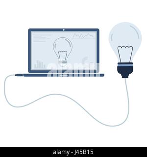 Lampadina della luce collegato a un computer portatile tramite un cavo USB. Profilo del bulbo di lampadina e grafici che vengono mostrate sul monitor del computer. Design piatto. Isolato. Illustrazione Vettoriale