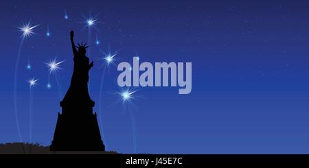 Noi il Giorno di Indipendenza. Una statua della libertà contro il cielo e fuochi d'artificio con una bandiera americana in background con un posto al di sotto del testo. Posizione orizzontale Illustrazione Vettoriale