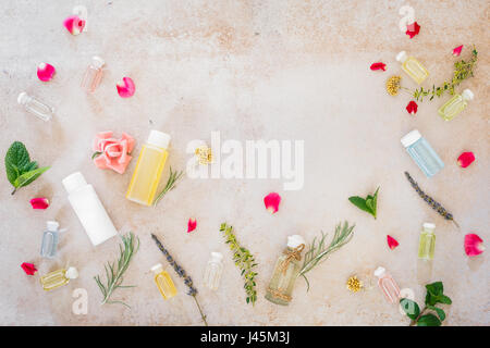 Vari oli skincare, fresche erbe officinali e fiori, trattamento spa, sul cemento. Vista dall'alto, uno spazio vuoto Foto Stock