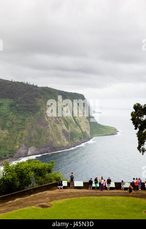 Turisti in cerca su Waipio Valley dalla valle Waipio belvedere sulla Grande Isola, Hawaii, Stati Uniti d'America. Foto Stock