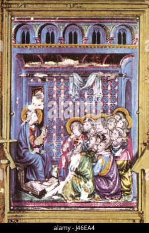 Si tratta di una scena smaltata traslucida del reliquiario del Corporale di Bolsena, situato nel Duomo di Orvieto. Creata da Ugolino di Vieri, l'opera risale al 1337-1338 e rappresenta l'arte religiosa medievale. Foto Stock