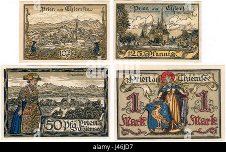 Le Notgeldscheine, o banconote di emergenza, emesse a Prien nel 1920, facevano parte della valuta utilizzata durante i periodi di instabilità economica dopo la prima guerra mondiale in Germania. Queste banconote venivano spesso emesse dalle autorità locali per far fronte alle carenze di valuta normale. Foto Stock