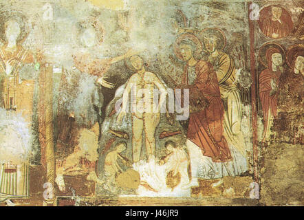 Olevano sul Tusciano, la grotta di san Michele, il battesimo di Cristo, affresco IX secolo Foto Stock
