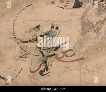 'Obusuma Saburo emaki' è un dipinto a pergamena giapponese che raffigura scene di tiro con l'arco dal Giappone medievale. Le opere d'arte descrivono l'abilità e la precisione dell'arciere, catturando il significato storico del tiro con l'arco nella cultura giapponese durante l'era feudale. Foto Stock