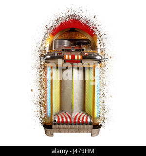 Jukebox vecchio lettore musicale esploso su sfondo bianco Foto Stock