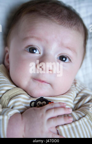 Ritratto di razza mista asian caucasian infant ragazzo con gli occhi blu e marrone capelli fissando lo sguardo verso la luce come una icona religiosa con mani incrociate Foto Stock