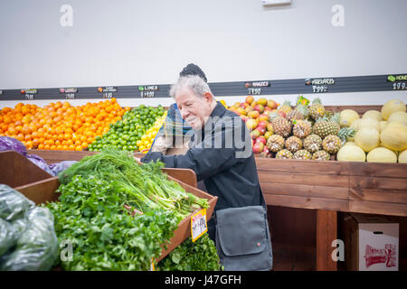 Gli amanti dello shopping presso il recentemente riaperto Stile il Mercato degli Agricoltori in Hell's Kitchen quartiere di New York domenica 7 maggio, 2017. Dopo essere stato costretto ad uscire dalla loro posizione originale, dove era stata tor oltre vent anni, quasi tre anni fa perché il palazzo fu venduto e sviluppato il mercato popolare, noto per la sua convenienza e qualità, ha riaperto a pochi isolati dalla sua posizione originale sulla Nona Avenue. (© Richard B. Levine) Foto Stock