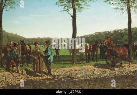 Questa opera raffigura il Paardenmarkt sul Maliebaan a l'Aia, Paesi Bassi, risalente al 1829. La scena mostra un vivace mercato dei cavalli, catturando l'attività sociale e commerciale del tempo. Foto Stock