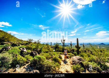 Donna su un escursione sul sentiero per la Grotta del Vento in montagna Usery sotto un sole splendente e la città di Phoenix nella Valle del Sole in background Foto Stock