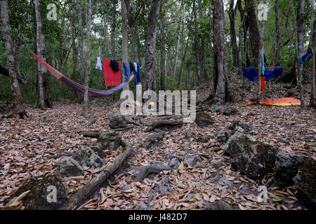 Il campeggio a El Mirador una grande pre-colombiana insediamento Maya, ubicato in un sito remoto nel profondo della giungla nel nord del dipartimento moderno di El Petén, Guatemala Foto Stock