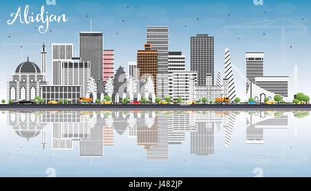 Abidjan Skyline con edifici grigi, cielo blu e riflessi. Illustrazione Vettoriale. Viaggi di affari e di turismo con il concetto di architettura moderna. Illustrazione Vettoriale