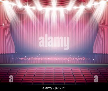 Aprire tende rosse con posti a sedere e faretti al neon. Teatro, Opera o il Cinema scena. Luce su un pavimento. Illustrazione Vettoriale