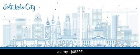 Profilo di Salt Lake City Skyline con edifici blu. Illustrazione Vettoriale. Viaggi di affari e di turismo con il concetto di architettura storica. Illustrazione Vettoriale