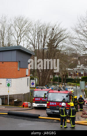 Purley, Londra, Regno Unito. I vigili del fuoco lavorare alla pompa inondazione lontano dalla strada residenziale. Foto Stock