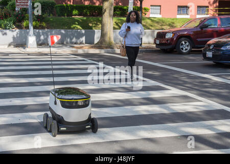 Un Starship Tecnologie alimentari robotico veicolo di consegna, accompagnato da un essere umano "robot manipolatore," attraversa 15th Street NW, Washington, DC. Foto Stock