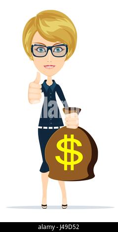 Donna che mantiene denaro sacchetto, vettore Illustrazione Vettoriale