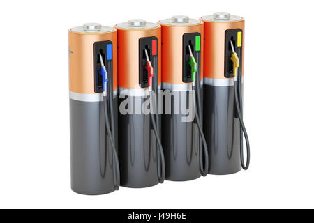 Auto elettrica Il concetto di carica. Pompa carburante ugello con batterie, 3D rendering isolati su sfondo bianco Foto Stock